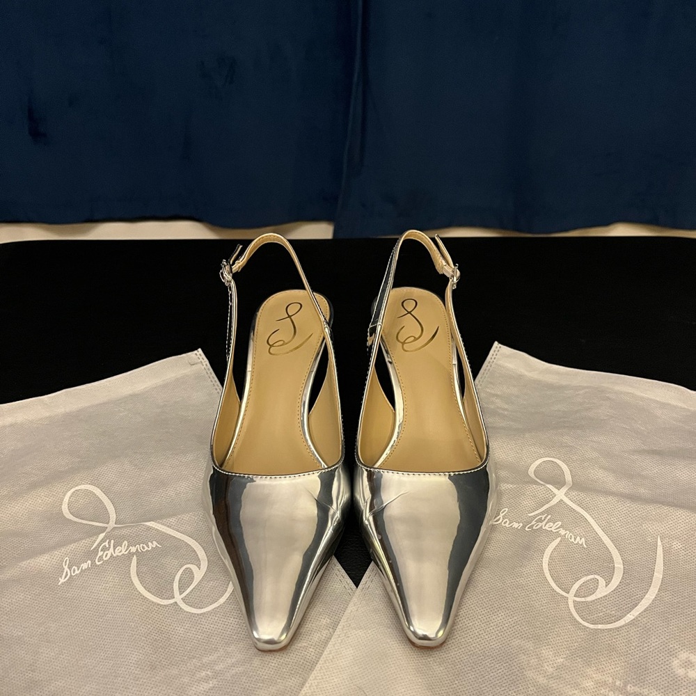 Sam Edelman Bianka silver patent slingback heels